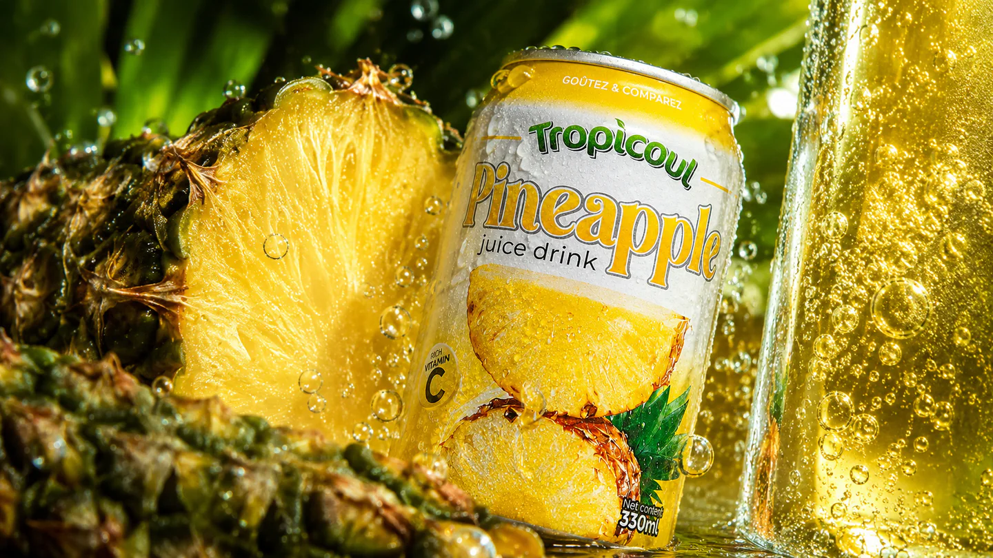 Tropicoul Ananas — bulles, matière et lumière, photographie éditoriale.