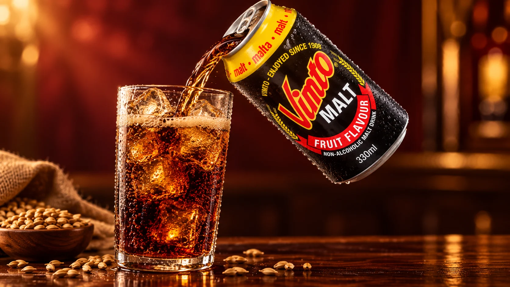 Canette Vimto Malt versant une boisson ambrée dans un grand verre avec glaçons.