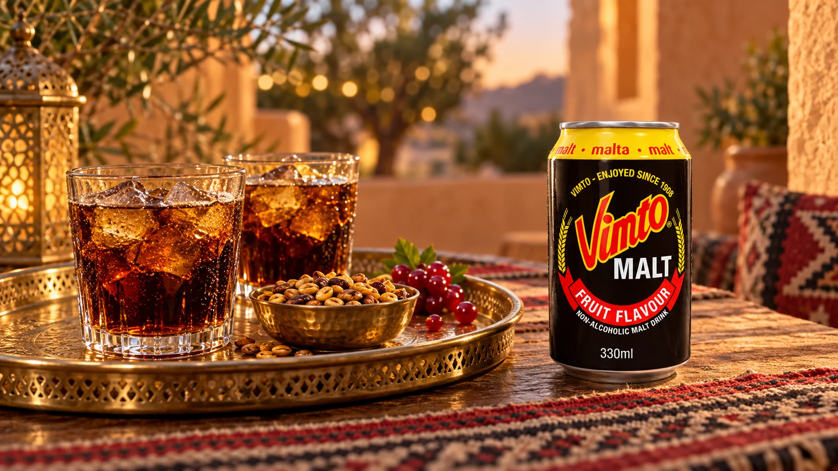 Canette Vimto Malt, verres et fruits rouges sur un plateau dans une cour ensoleillée.