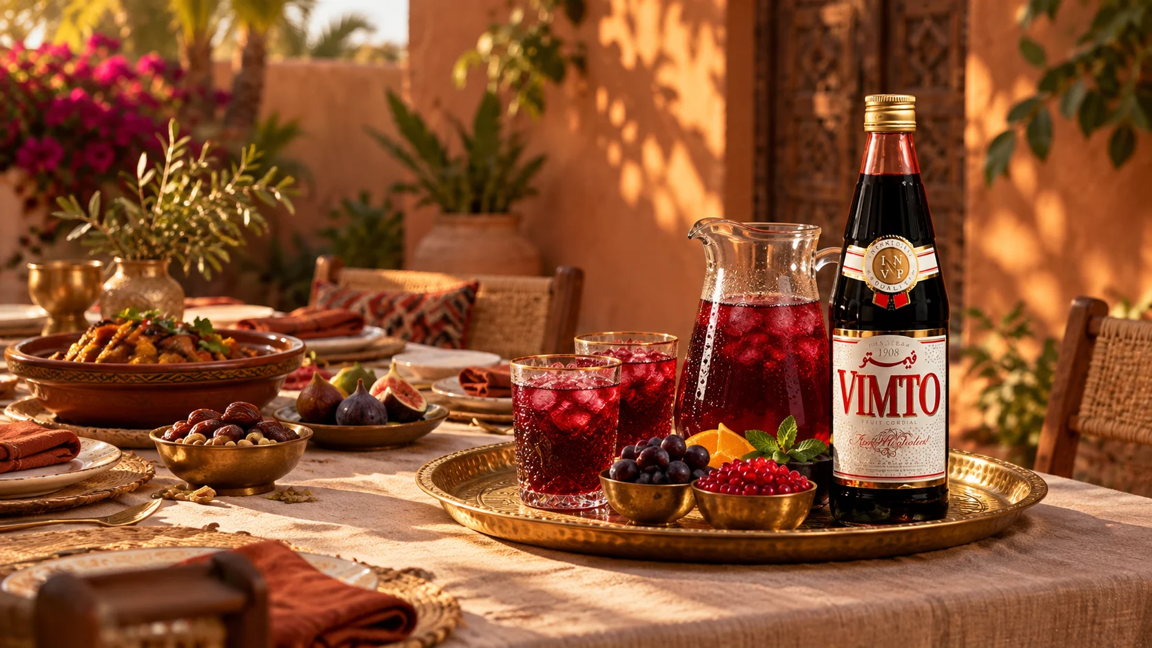Bouteille de sirop Vimto, pichet et verres servis sur une table de repas en extérieur.