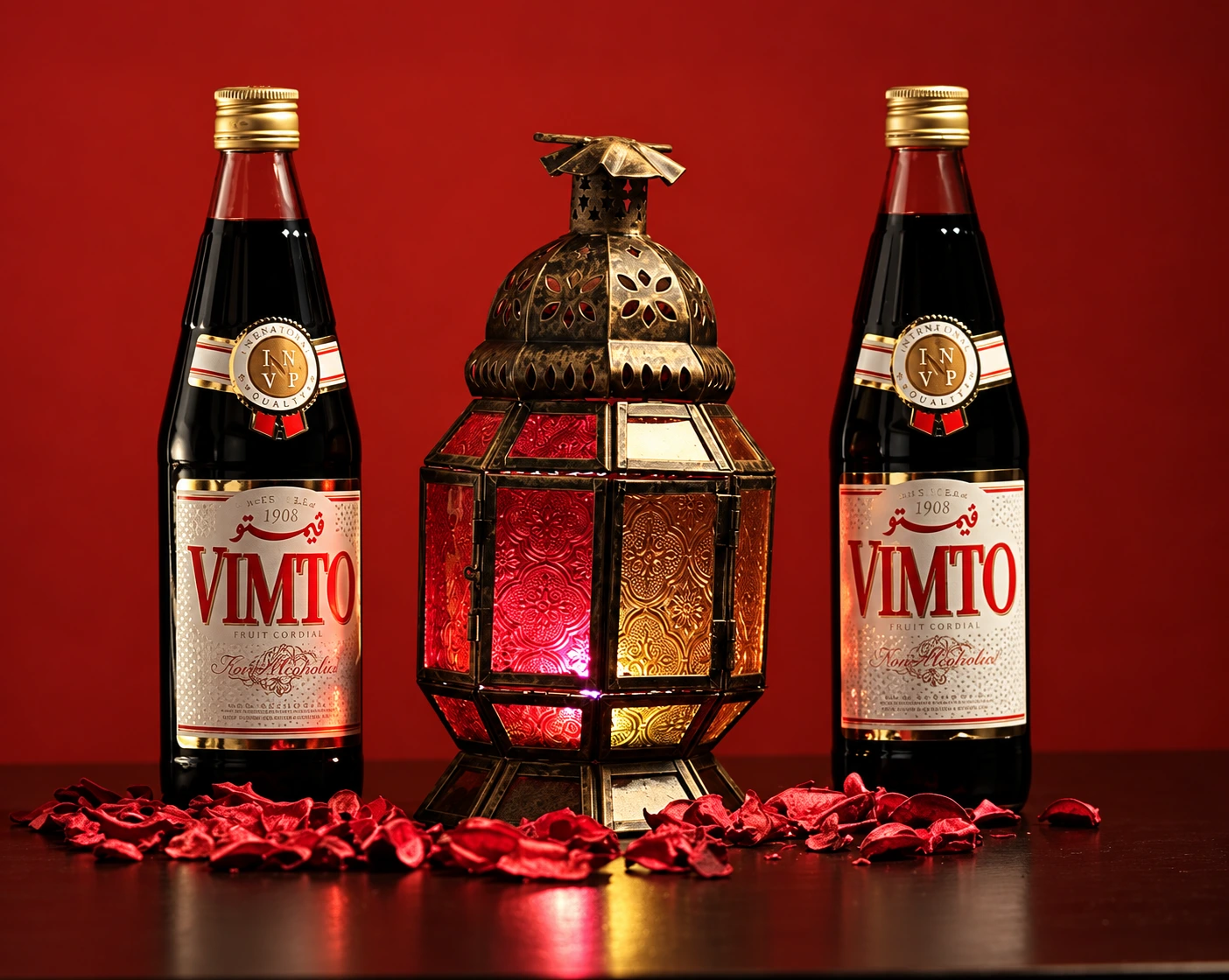 Bouteilles Vimto encadrant une lanterne marocaine sur fond rouge.