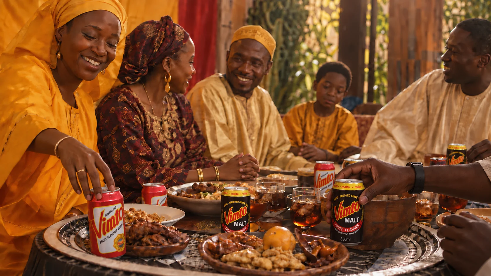 Canettes Vimto Malt 330 ml réunies autour d’un moment partagé.