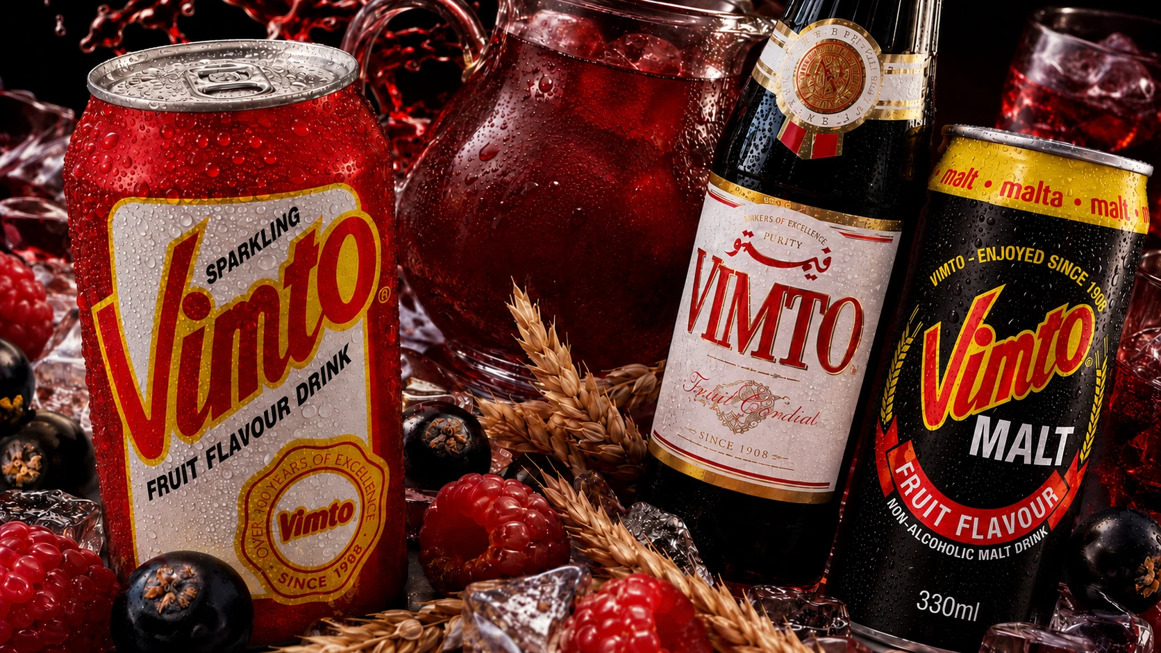 Canette noire Vimto Malt 330 ml dans une composition fraîche et fruitée.