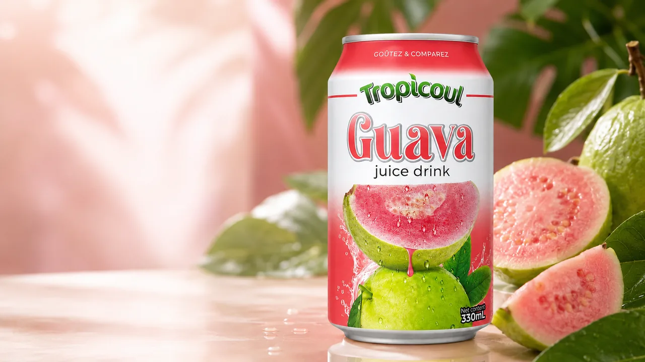 Canette Tropicoul Goyave 330 ml dans un décor botanique rose et vert.