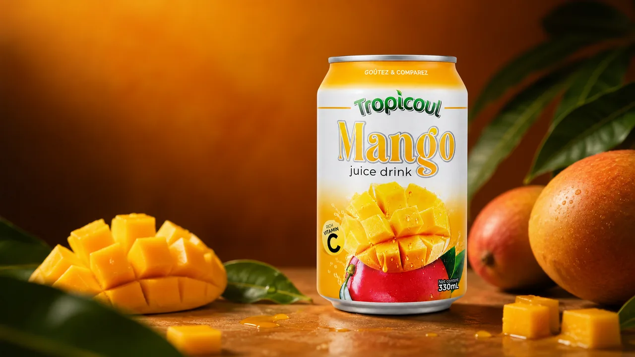 Canette Tropicoul Mangue 330 ml dans un décor doré aux courbes amples.