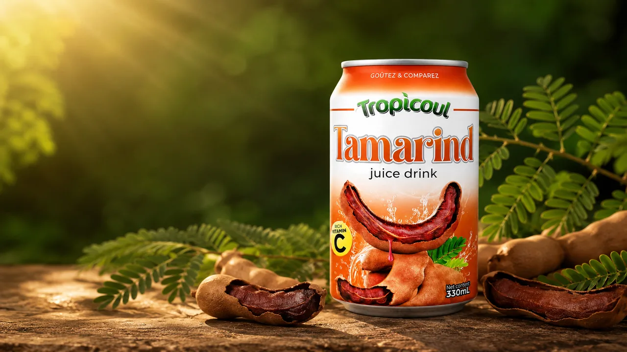 Canette Tropicoul Tamarin 330 ml dans un décor végétal sombre éclairé de tons ambrés.