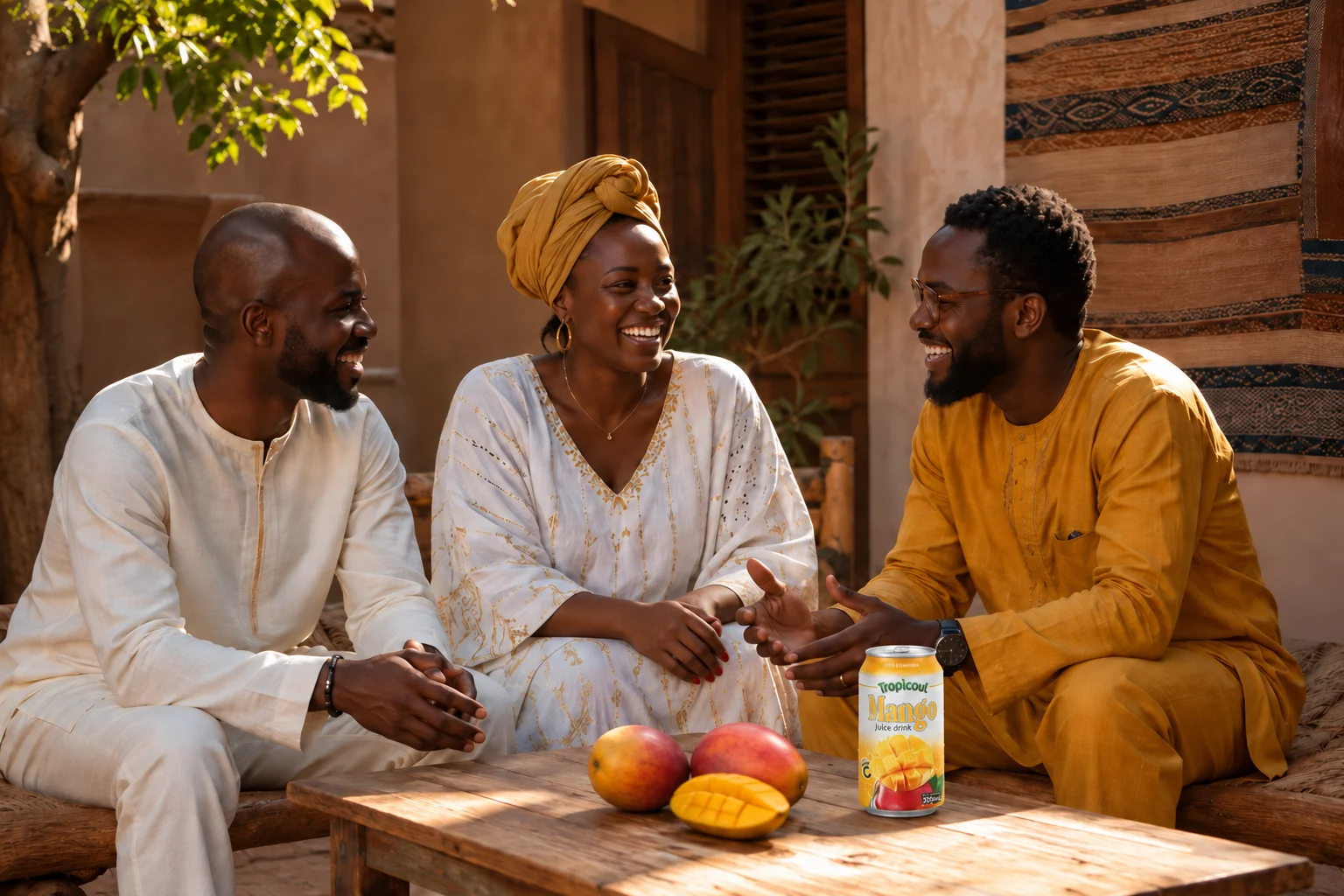 Canette Tropicoul Mangue 330 ml intégrée à une scène chaleureuse aux tons dorés.