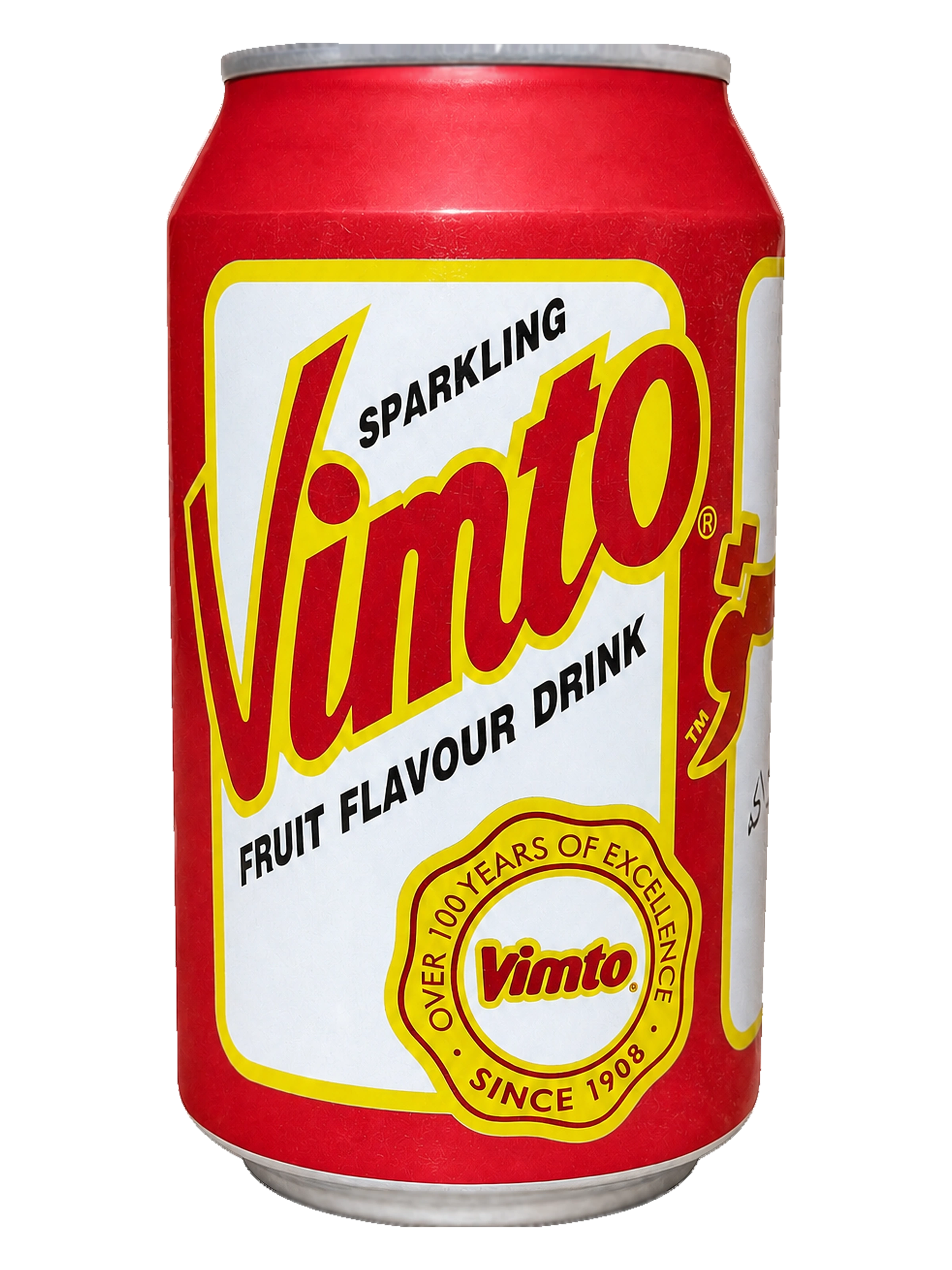 Canette compacte rouge Vimto Sparkling 330 ml, vue de face, avec panneau blanc bordé de jaune et sertissages argentés.